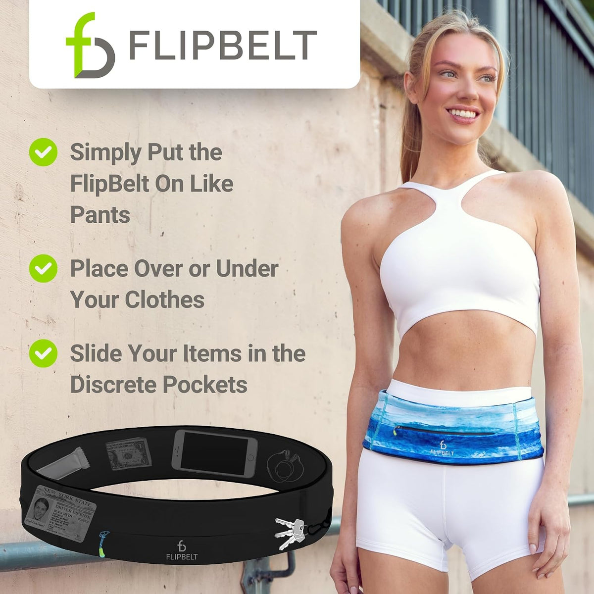 FlipBelt Cinturón para correr con cremallera, riñonera para fitness y correr, empresa estadounidense