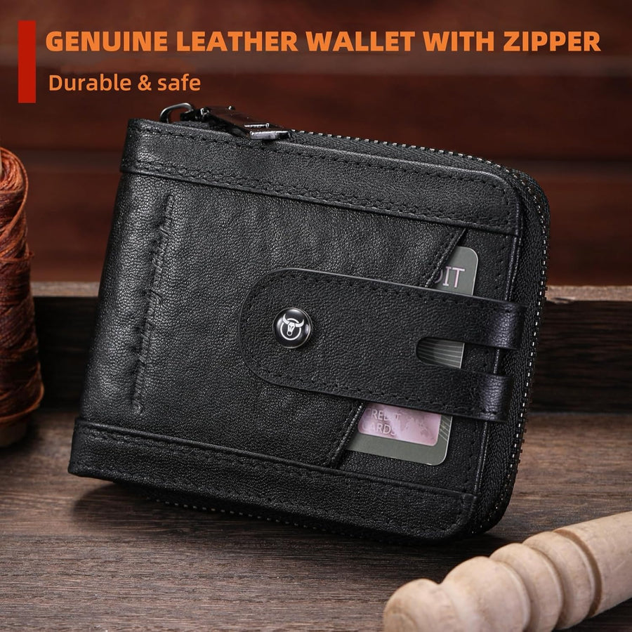 BULLCAPTAIN Billetera de cuero genuino para hombre con cremallera,...