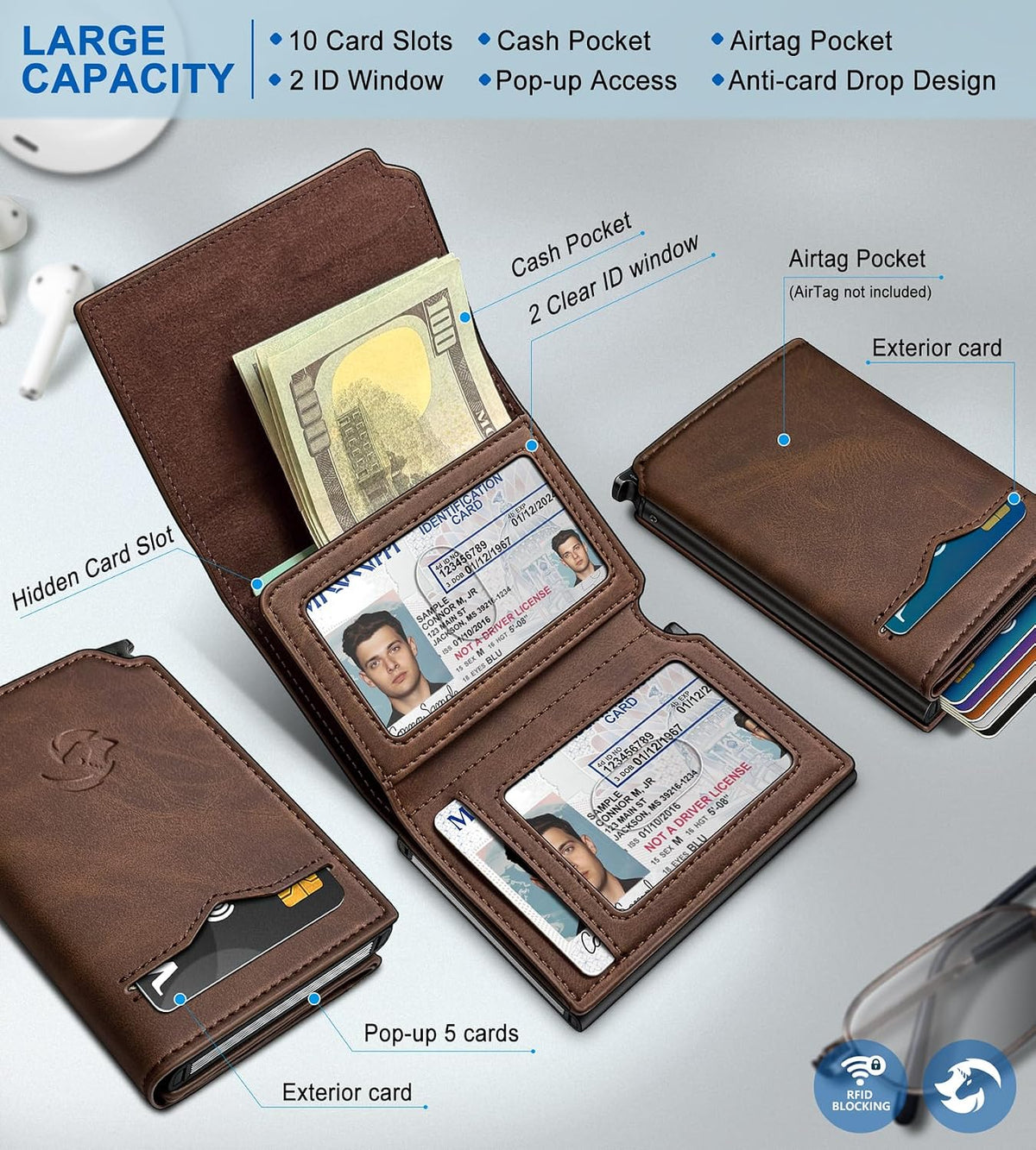 Cartera para hombre, tarjetero desplegable delgado con bloqueo RFID, billetera triple minimalista con 10 ranuras para tarjetas, bolsillo para efectivo y 2 ventanas para identificación, funda