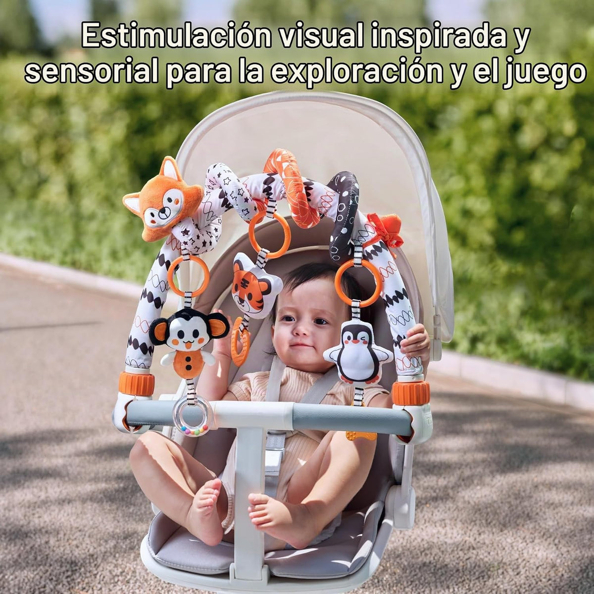 TUMAMA - Juguetes de arco de cochecito de bebé en blanco y negro, juguetes de sonajero colgantes en espiral extraíbles, asiento de coche de alto contraste y juguetes para cochecito de bebé de 0, 3, 6