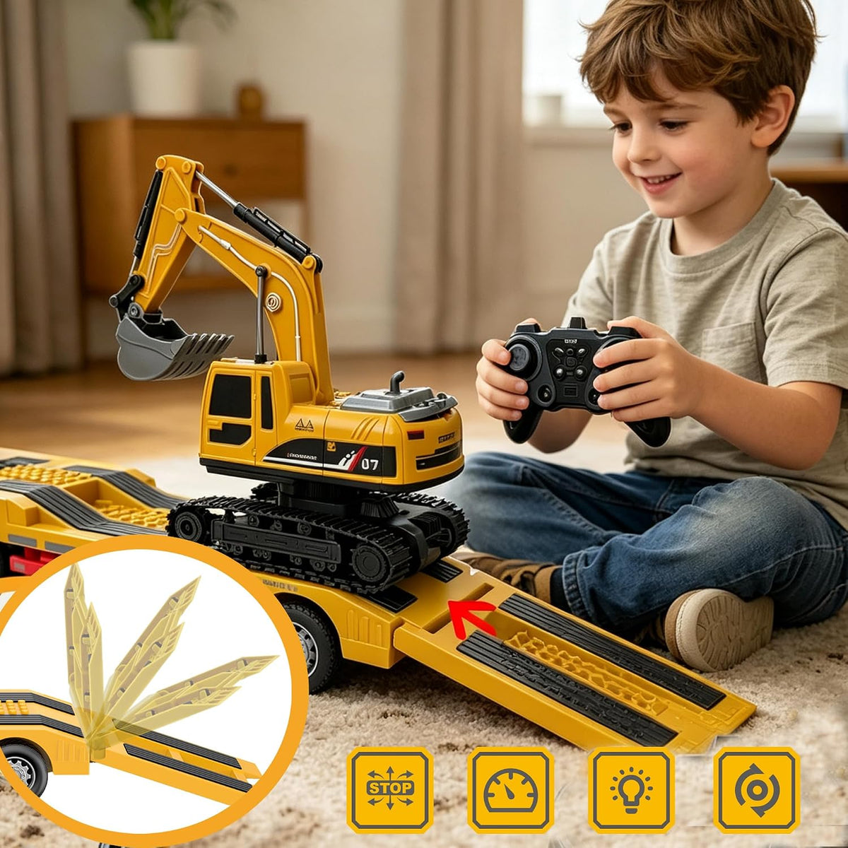 Semirremolque RC con juego de juguetes de excavadora, tractor de ingeniería de semirremolque RC de 24 pulgadas con excavadora, camión 1:24 con luces LED y música, gran regalo para niños y niñas