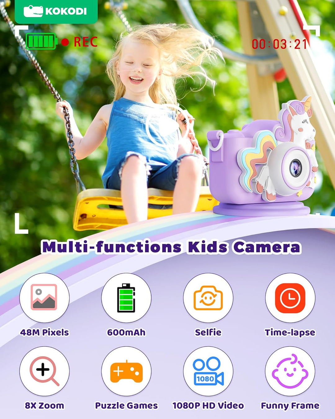 KOKODI Cámara de juguete digital para niños, regalos de cumpleaños...
