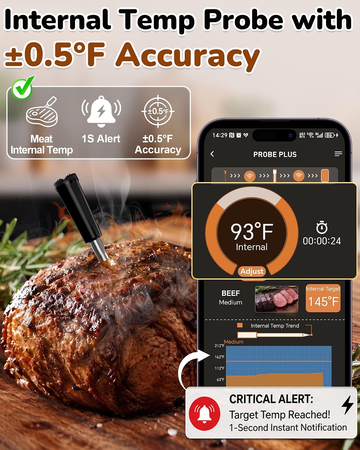 Termómetro inalámbrico preciso para carne para parrilla al aire libre: ±