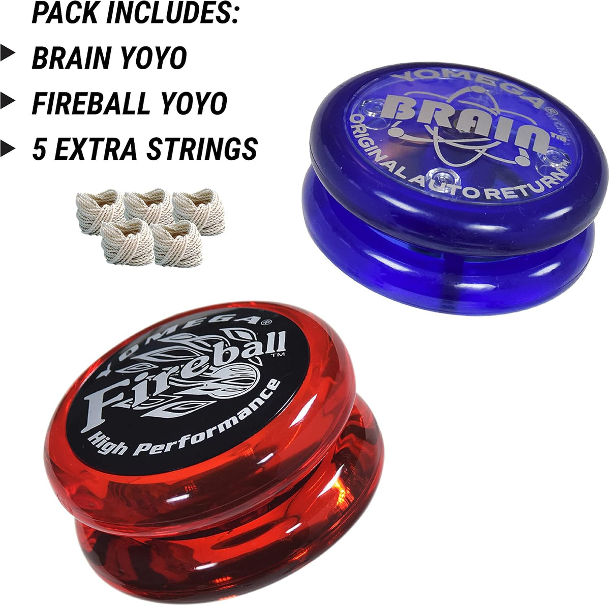 Yomega 2 Spinners Legendarios El Yo-Yo Original con Brain y Yo-Yo Transaxle Fireball para Juego de Trucos con Cuerda de Todos los Niveles + 5 Cuerdas Adicionales (Fireball Rojo/Negro-Brain Azul)