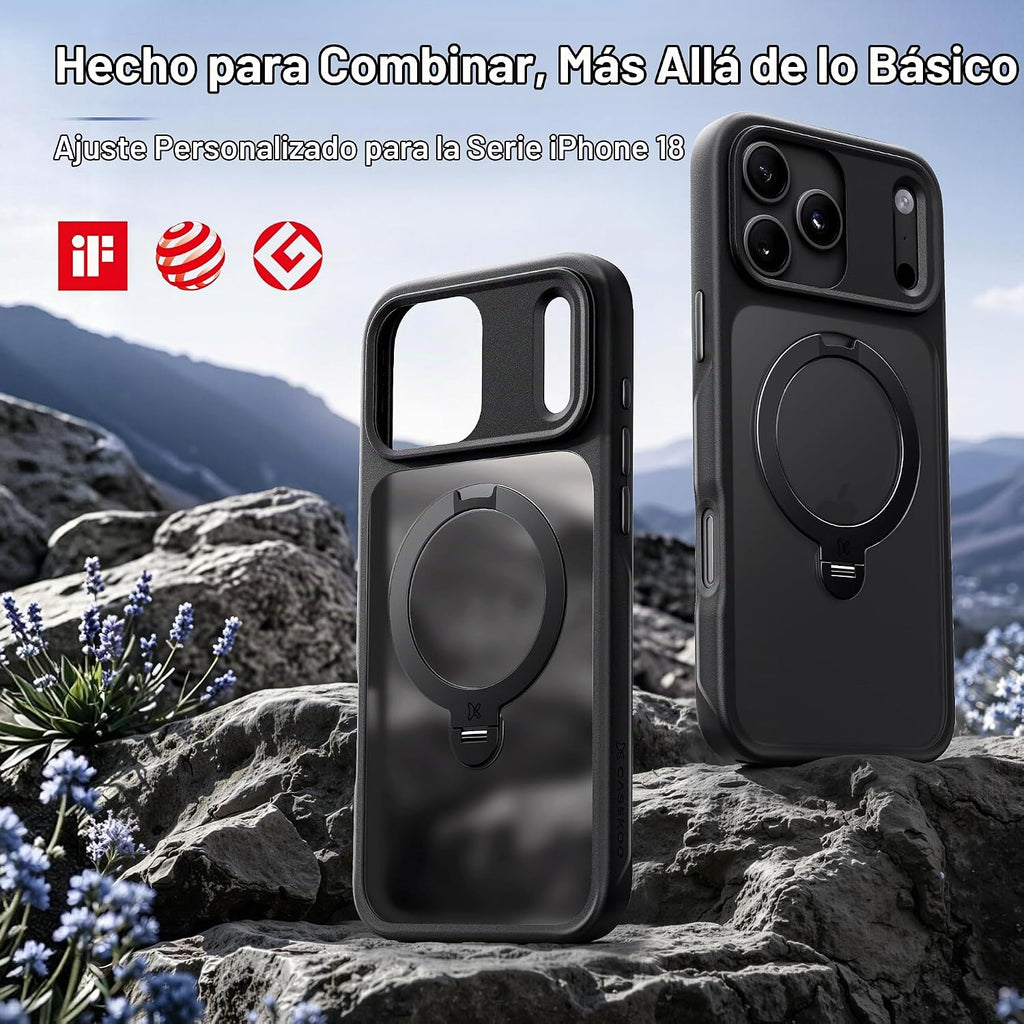 CASEKOO Negro para 17 Pro Max con soporte magnético giratorio de 360 [Protección de cámara] [Protección de grado militar de 18 pies] [Compatible con MagSafe] Anillo de agarre delgado mate para 17