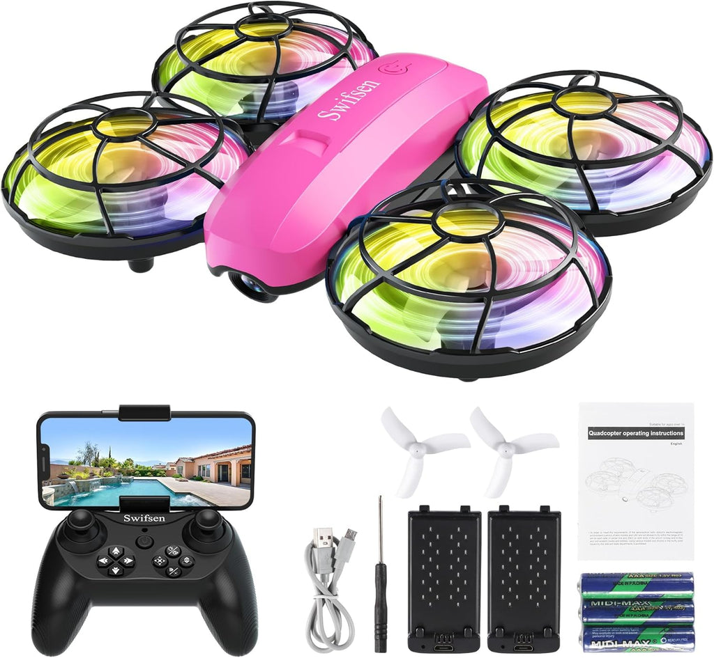 Swifsen Dron para niños con cámara y posicionamiento de flujo óptico, mini cuadricóptero RC con protección completa, 2 baterías modulares, luces LED coloridas, regalo fácil de volar para niños y principiantes (versión mejorada).