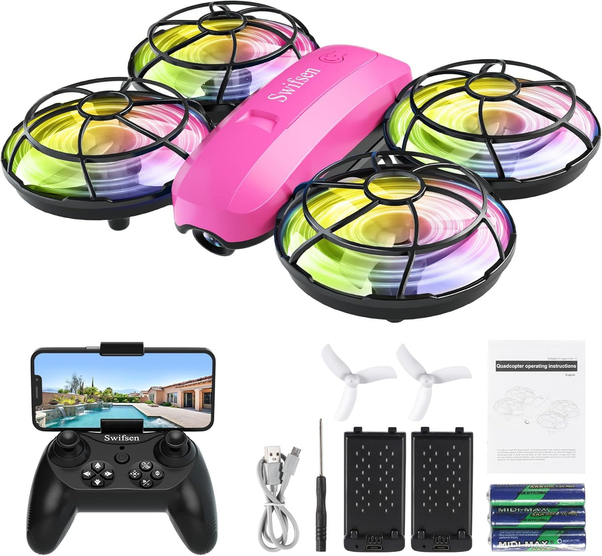 Swifsen Dron para niños con cámara y posicionamiento de flujo óptico, mini cuadricóptero RC con protección completa, 2 baterías modulares, luces LED coloridas, regalo fácil de volar para niños y principiantes (versión mejorada).