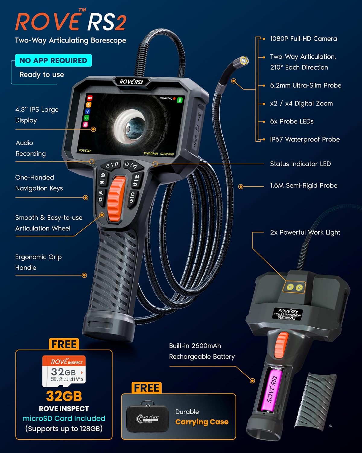 ROVE Cámara de boroscopio articulado RS2 con luz, 210 °, tarjeta de 32 GB