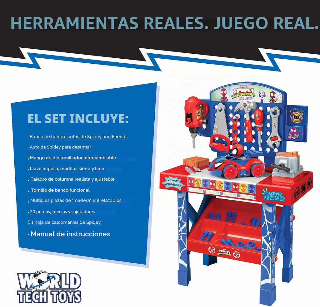 Marvel Spidey & His Amazing Friends - Juego de banco de herramientas de 55 piezas, auto desmontable