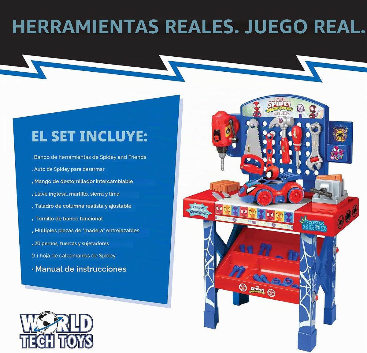 Marvel Spidey & His Amazing Friends - Juego de banco de herramientas de 55 piezas, auto desmontable