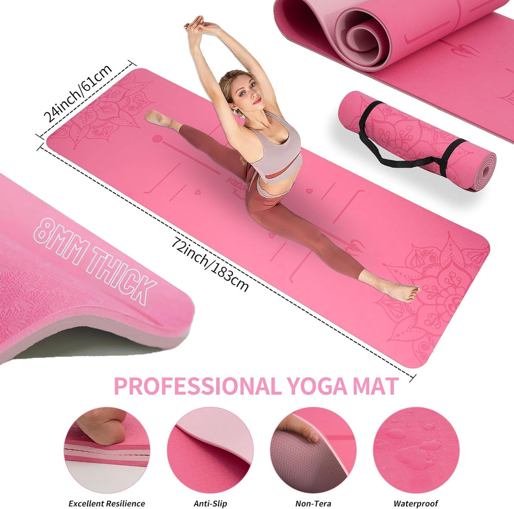 Alfombrilla de yoga gruesa, 6 bandas de resistencia de tela, paquete de 2 bloques de yoga, equipo de entrenamiento en casa, kit básico de inicio para principiantes de tonificación de cuerpo