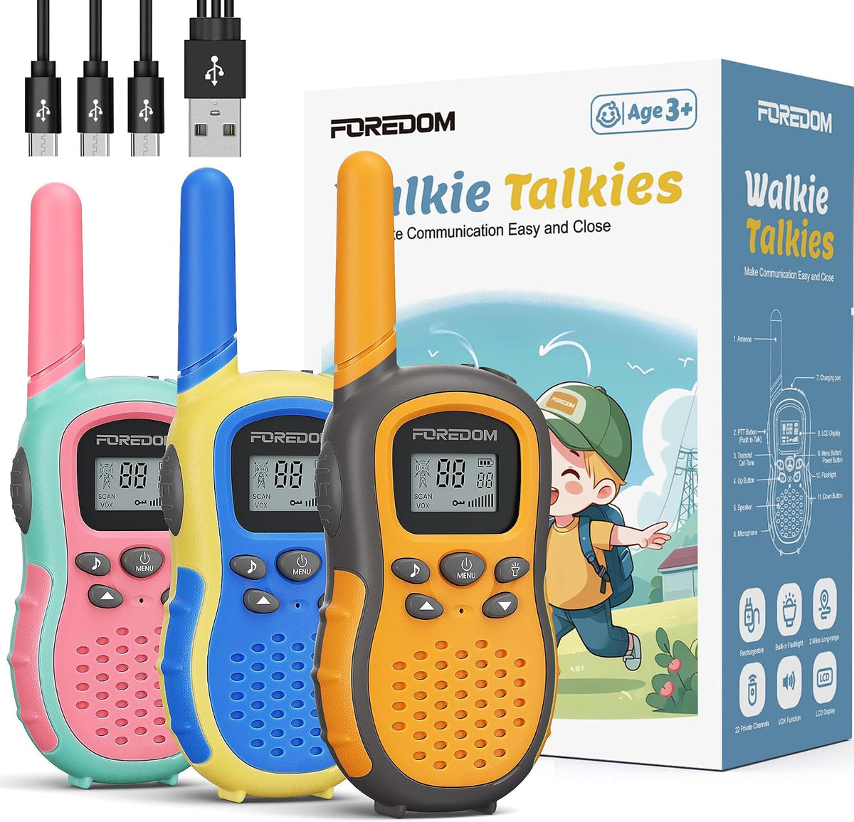 FOREDOM Radios de Mano Recargables para Niños Walkie Talkies a Larga Distancia para Niños y Niñas de 3 a 12 Años - Juguetes de Cumpleaños con Linterna, Pack de 3