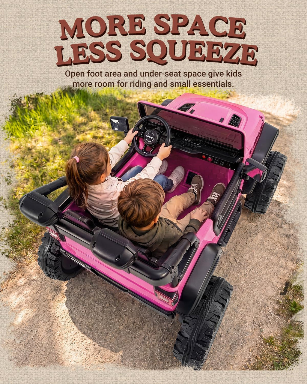 First Ride On Auto eléctrico grande de 24 V y 2 plazas para niños, Jeep Wrangler Rubicon con licencia, vehículo Jeep con neumáticos de gran tamaño de 14.5 pulgadas, cinturón de seguridad, control