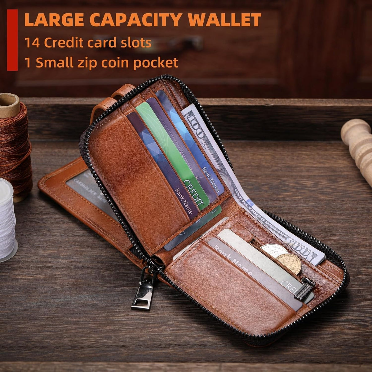 BULLCAPTAIN Billetera de cuero genuino para hombre con cremallera v...