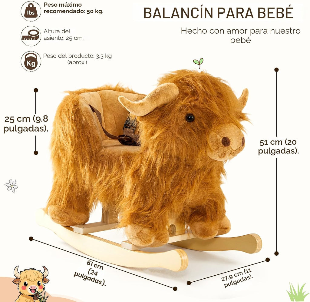 Caballo mecedora bebé, caballo de madera de ganado Highlander para niños de 1 año lindo vaca de peluche suave cabalgadura juguete mecedora animal para bebés niños y niñas regalo de guardería/niño
