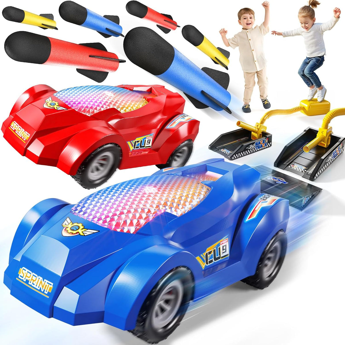 NIPLOOOW - Lanzador de coche de juguete cohete, 2 coches de carrera...