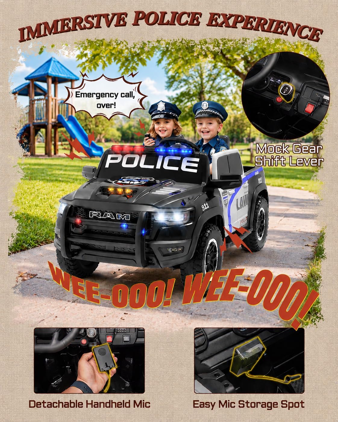 First Ride On RAM 1500 RHO 24V - Coche de policía de 2 plazas para niños