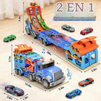 Juguetes para niños de 3, 4, 5, 6, 7, 8 años, camión transportador con sonidos de luces, regalo de cumpleaños de Navidad para niños pequeños, juego de pista de carreras de autos de capa plegable con pista de carreras, 6 autos de juguete de metal