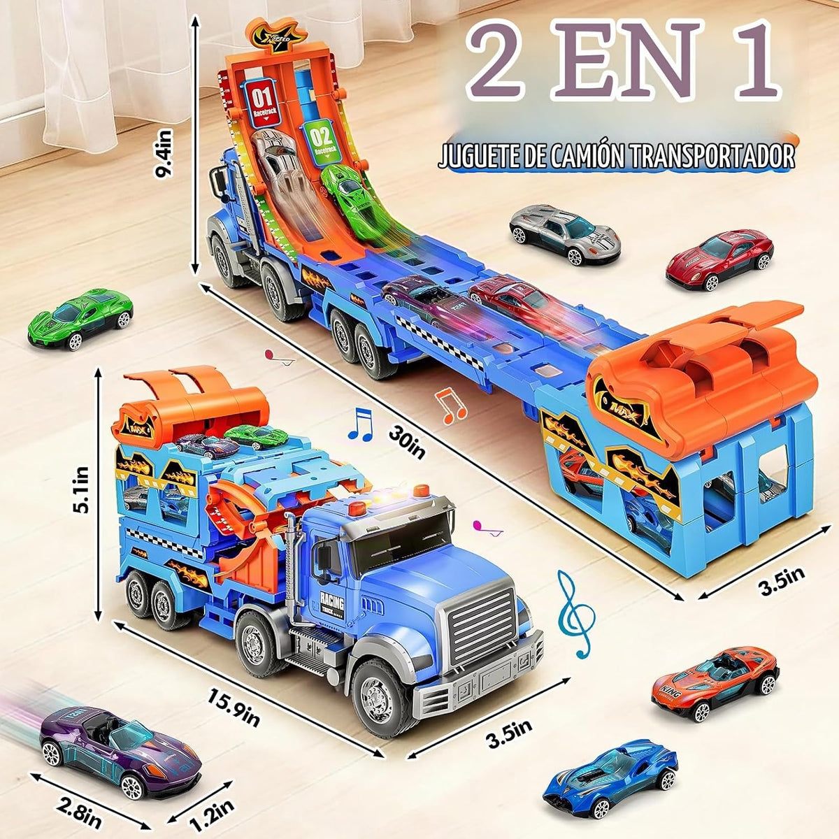 Juguetes para niños de 3, 4, 5, 6, 7, 8 años, camión transportador con sonidos de luces, regalo de cumpleaños de Navidad para niños pequeños, juego de pista de carreras de autos de capa plegable con pista de carreras, 6 autos de juguete de metal