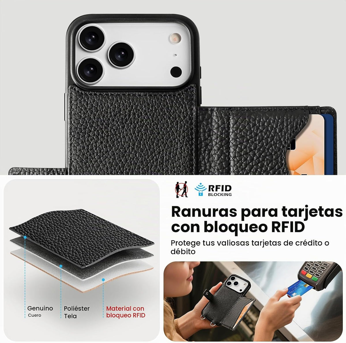 Funda de cuero Crossbody Wallet para iPhone 17 Pro - Negro