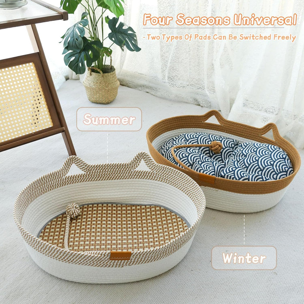 Cesta de cuerda para gatos, cama ovalada de algodón con