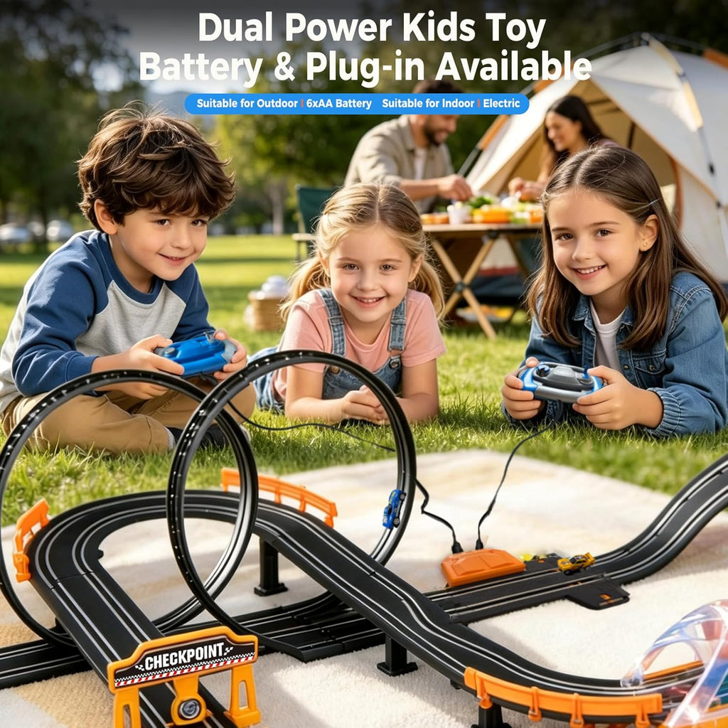 Juego de carreras de coches eléctricos con 4 tragamonedas de alta velocidad, juego de carreras dual con 2 controladores, pista circular de paso elevado con péndulo de puente flash, juguetes de regalo