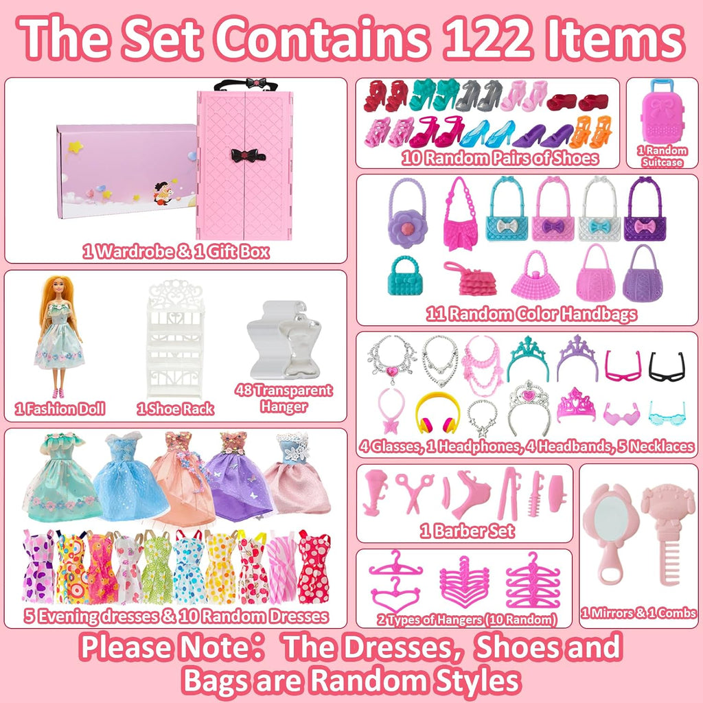 Juego de 122 piezas de armario de muñecas con muñecas de 11.5 pulgadas, ropa y accesorios, incluye armario, vestidos de princesa, zapatos, bolsas, perchas otros accesorios, juguetes de vestir para niñas, niños pequeños (rosa)