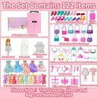 Juego de 122 piezas de armario de muñecas con muñecas de 11.5 pulgadas, ropa y accesorios, incluye armario, vestidos de princesa, zapatos, bolsas, perchas otros accesorios, juguetes de vestir para niñas, niños pequeños (rosa)