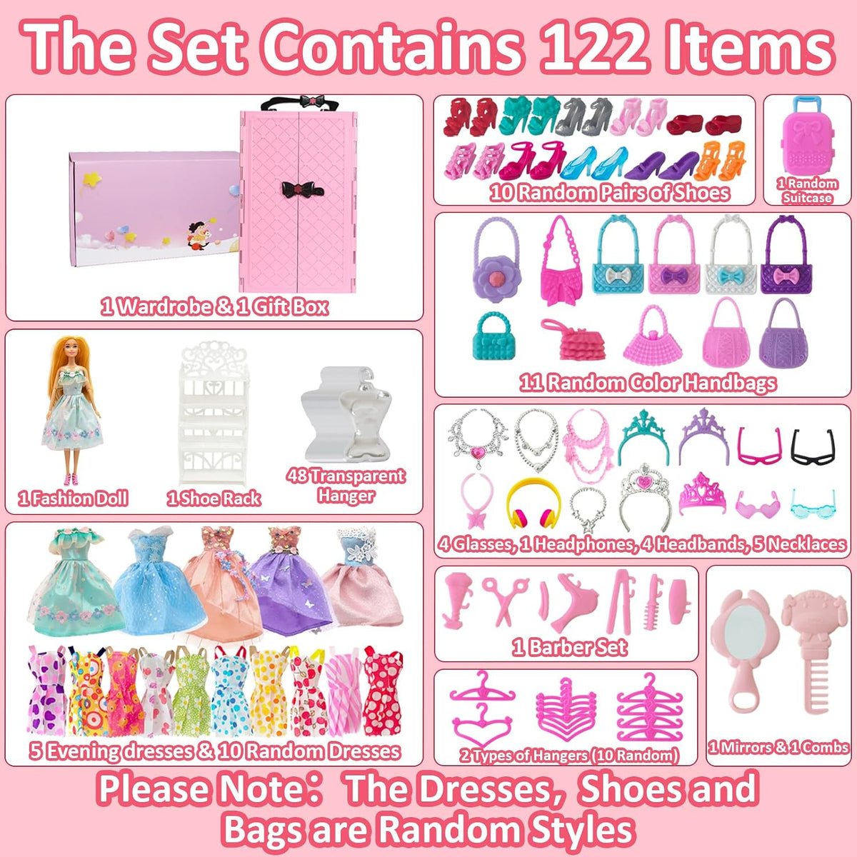 Juego de 122 piezas de armario de muñecas con muñecas de 11.5 pulgadas, ropa y accesorios, incluye armario, vestidos de princesa, zapatos, bolsas, perchas otros accesorios, juguetes de vestir para niñas, niños pequeños (rosa)