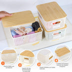 Ohmlove 6 Pack Plastic Storage Baskets con Bamboo Lids para Organization