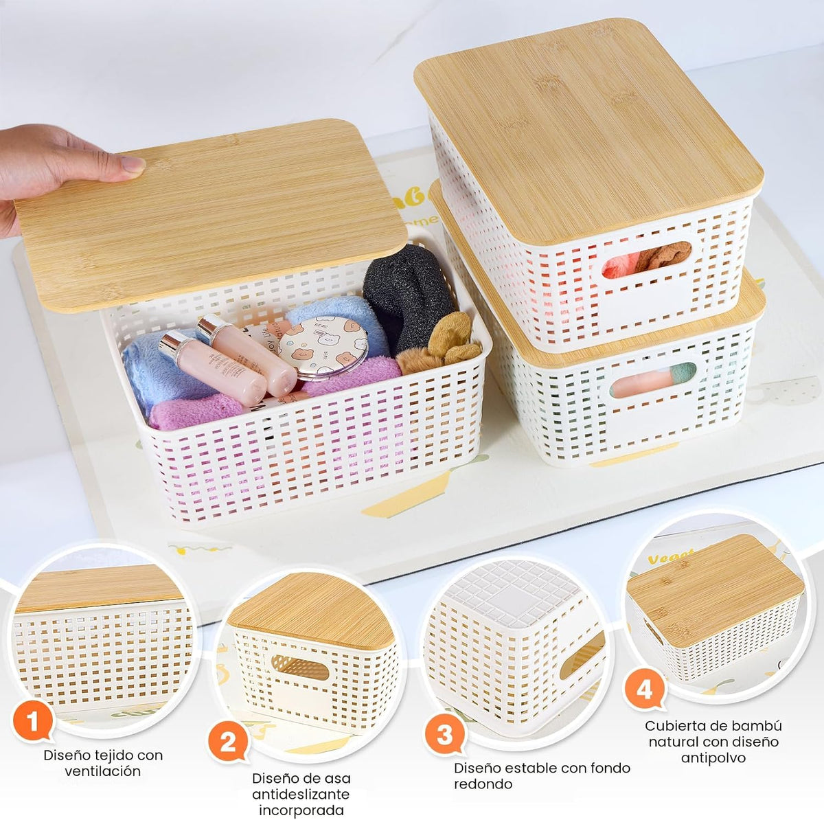 Ohmlove 6 Pack Plastic Storage Baskets con Bamboo Lids para Organization