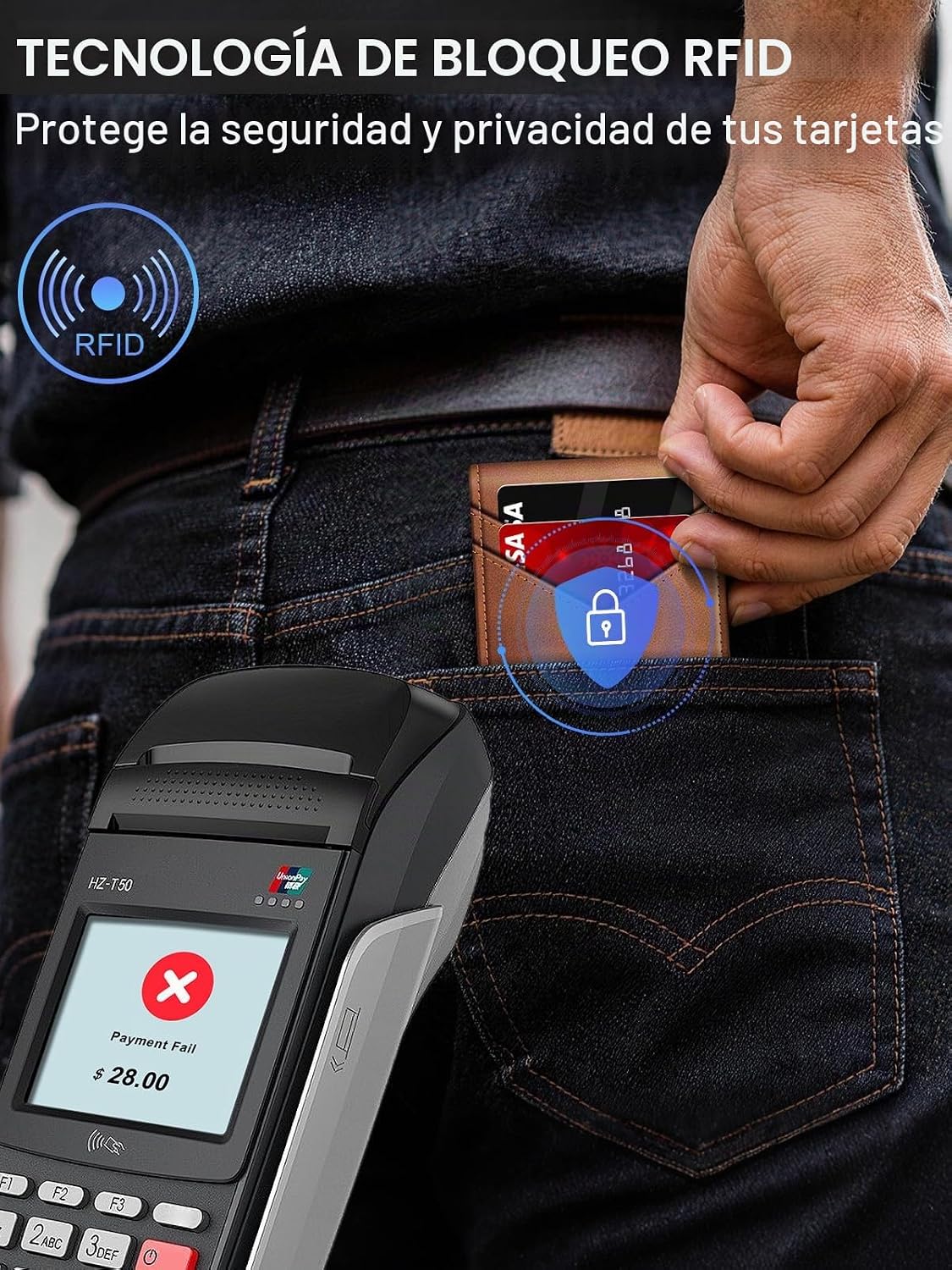 Billetera para hombre con bloqueo RFID minimalista para 12-14 tarjetas | Cartera inteligente delgada y plegable con ventana para identificación y ranura para efectivo, bolsillo frontal, estuche