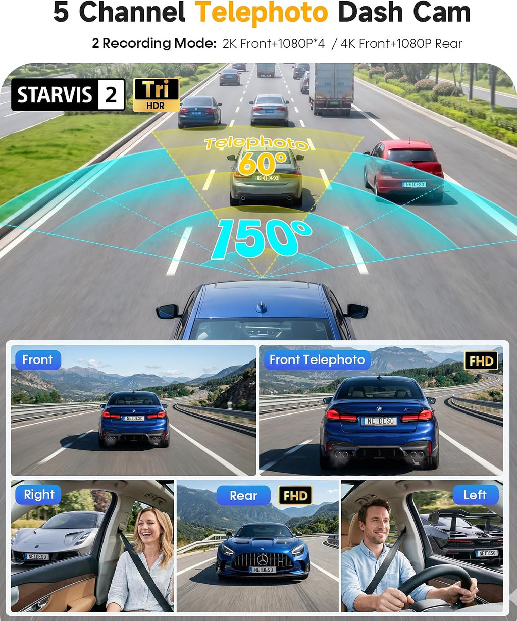 Cámara para tablero 4K de 5 canales con telefoto para detalles con zoom, vista 360°, N800