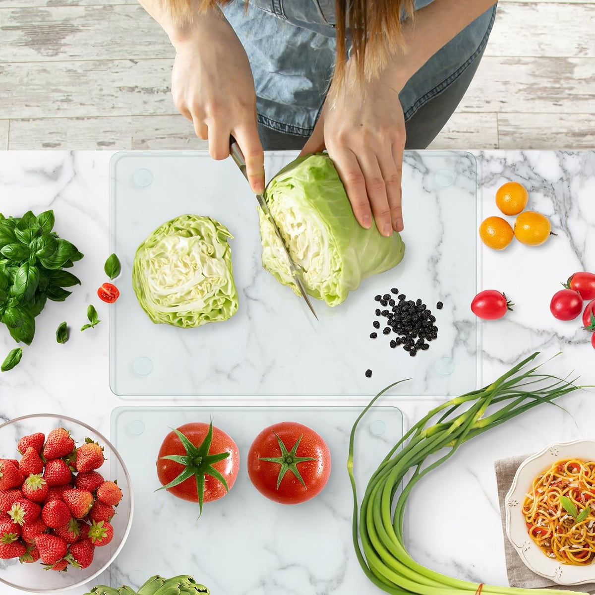 Tabla de cortar de vidrio para cocina, tabla de cortar templado transparente para encimera, tabla de cortar antideslizante, protección de mesa, resistente al calor, resistente a las roturas