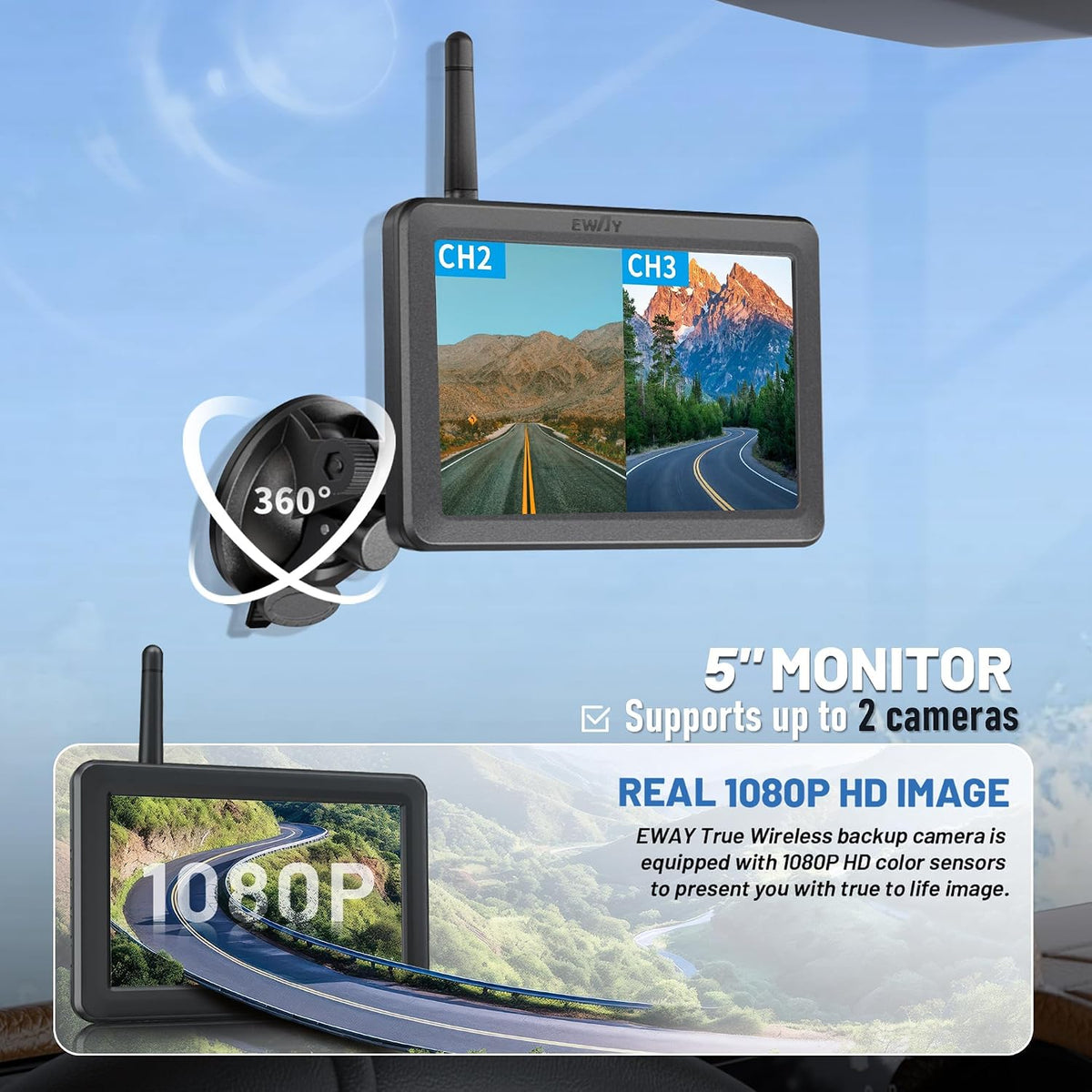 Cámara de respaldo inalámbrica EWAY WiFi magnética de 1080P HD con batería recargable, sin cableado, para monitoreo trasero y reversa en coche, camioneta, camioneta pickup, autocaravana, quinta rueda