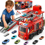 Camión de Bomberos de Juguete para Niños de 3-5 y 4-8 Años, Set de Pista de Carreras 2 en 1 con Lanzador