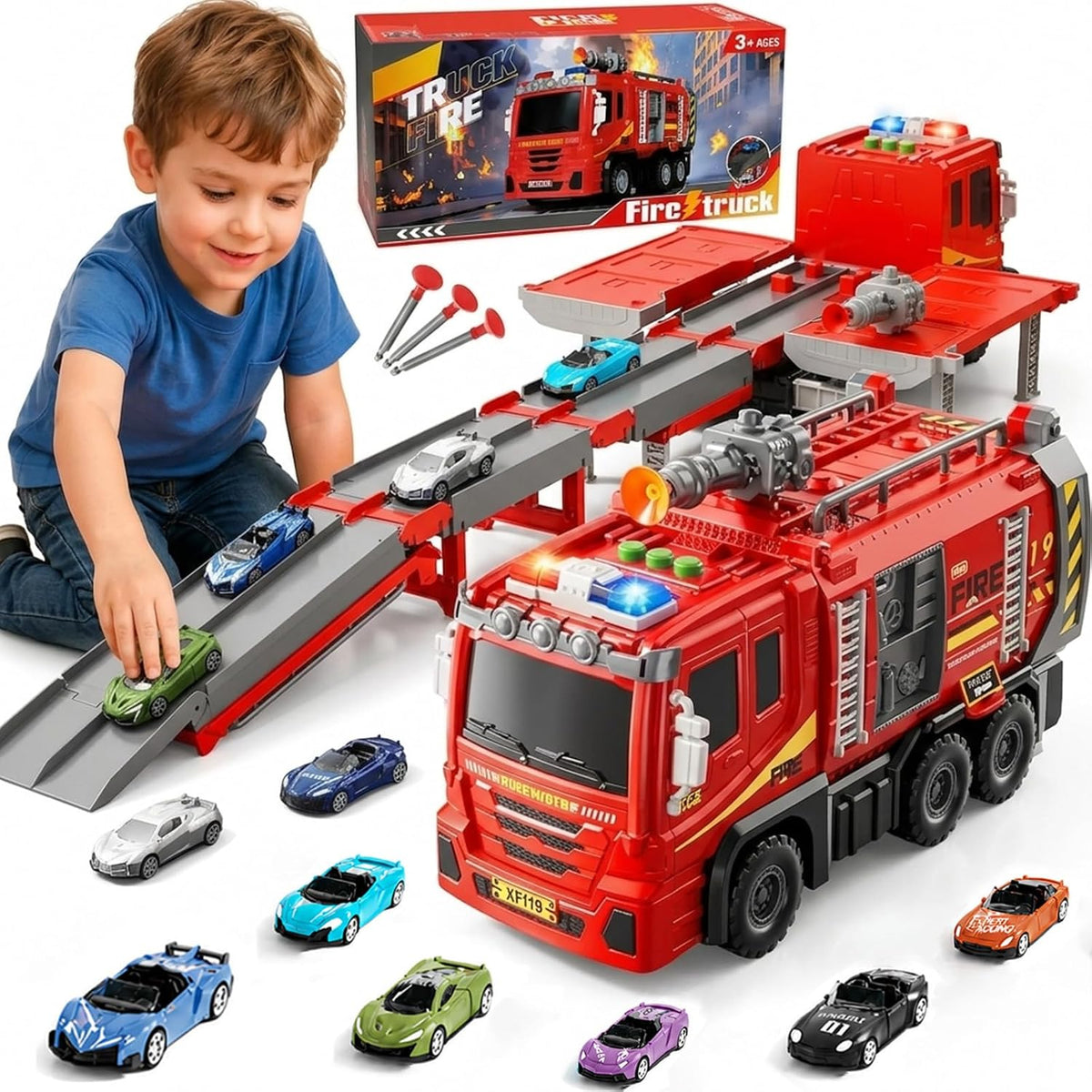 Camión de Bomberos de Juguete para Niños de 3-5 y 4-8 Años, Set de Pista de Carreras 2 en 1 con Lanzador