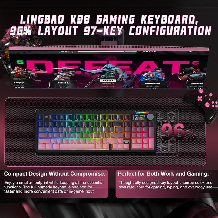 LINGBAO K98 PRO Teclado mecánico inalámbrico, con pantalla y perill...