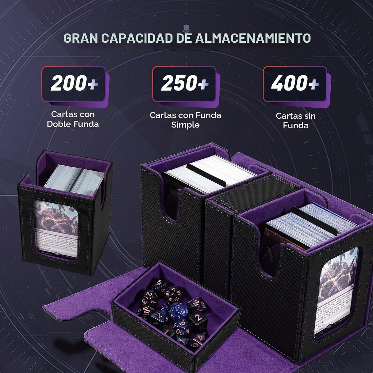 TiMOVO Caja de Deck MTG Commander para YuGiOh TCG CCG Magic Cards, negra+púrpura