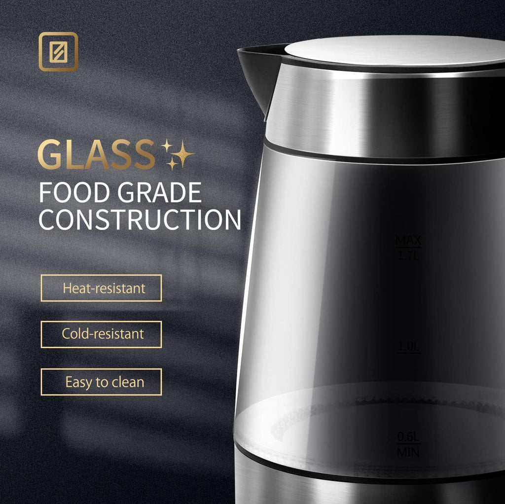 Taylor Swoden - Tetera de vidrio eléctrica para agua caliente para té y café de 1.7 litros, hervidor eléctrico de ebullición rápida, hervidor de agua inalámbrico con apagado automático y protección