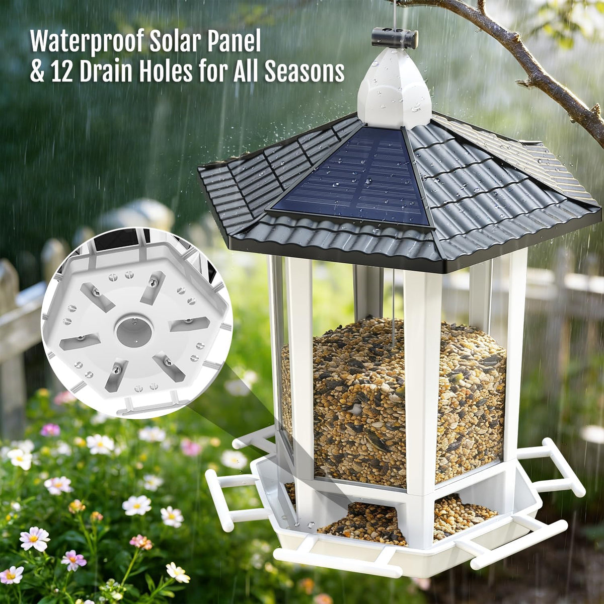 Birdream Paquete de 2 comederos solares para pájaros para colgar al aire libre, requiere montaje, fácil instalación en 1 minuto, comederos de semillas silvestres para cardenales y pinzones