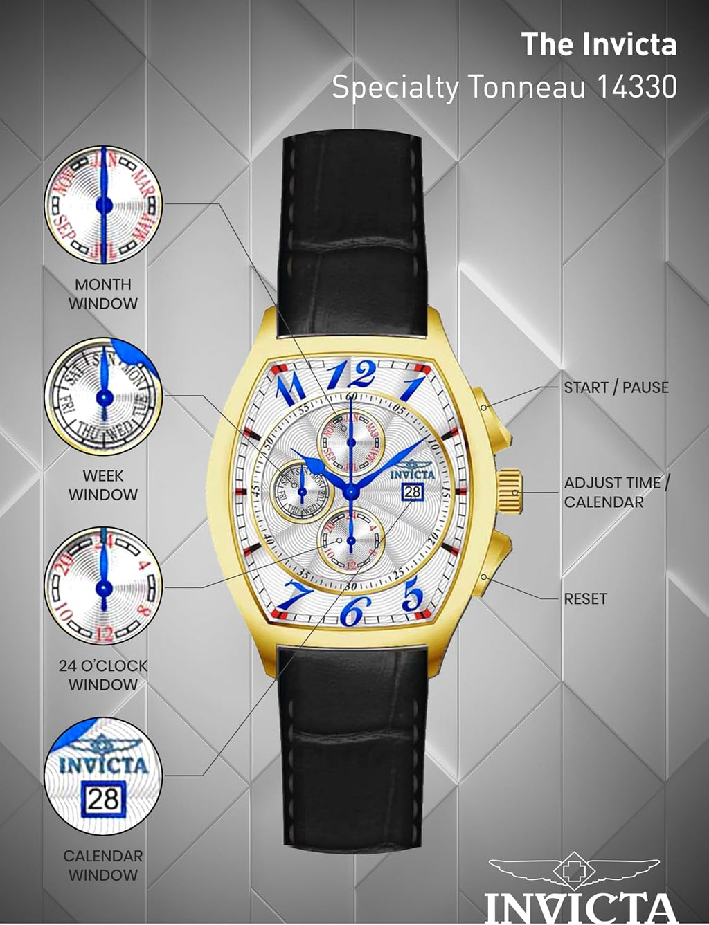 Invicta 14330 Specialty reloj chapado en oro amarillo 18 K con tres bandas de cuero para hombre