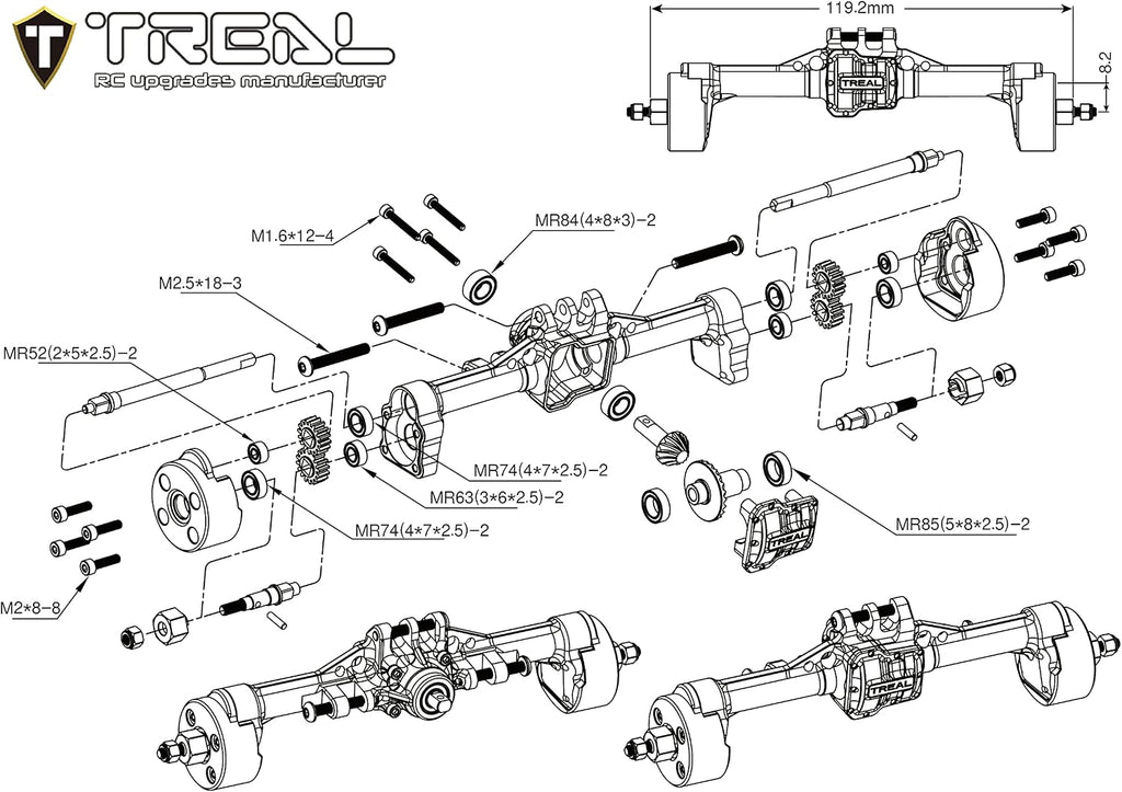 TREAL TRX4M Ejes Portal Trasero Kit Completo Aluminio 7075 Carcasa de eje mecanizado CNC para 1/18 TRX-4M (negro)