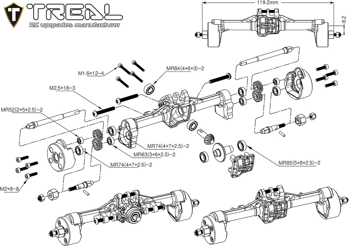 TREAL TRX4M Ejes Portal Trasero Kit Completo Aluminio 7075 Carcasa de eje mecanizado CNC para 1/18 TRX-4M (negro)