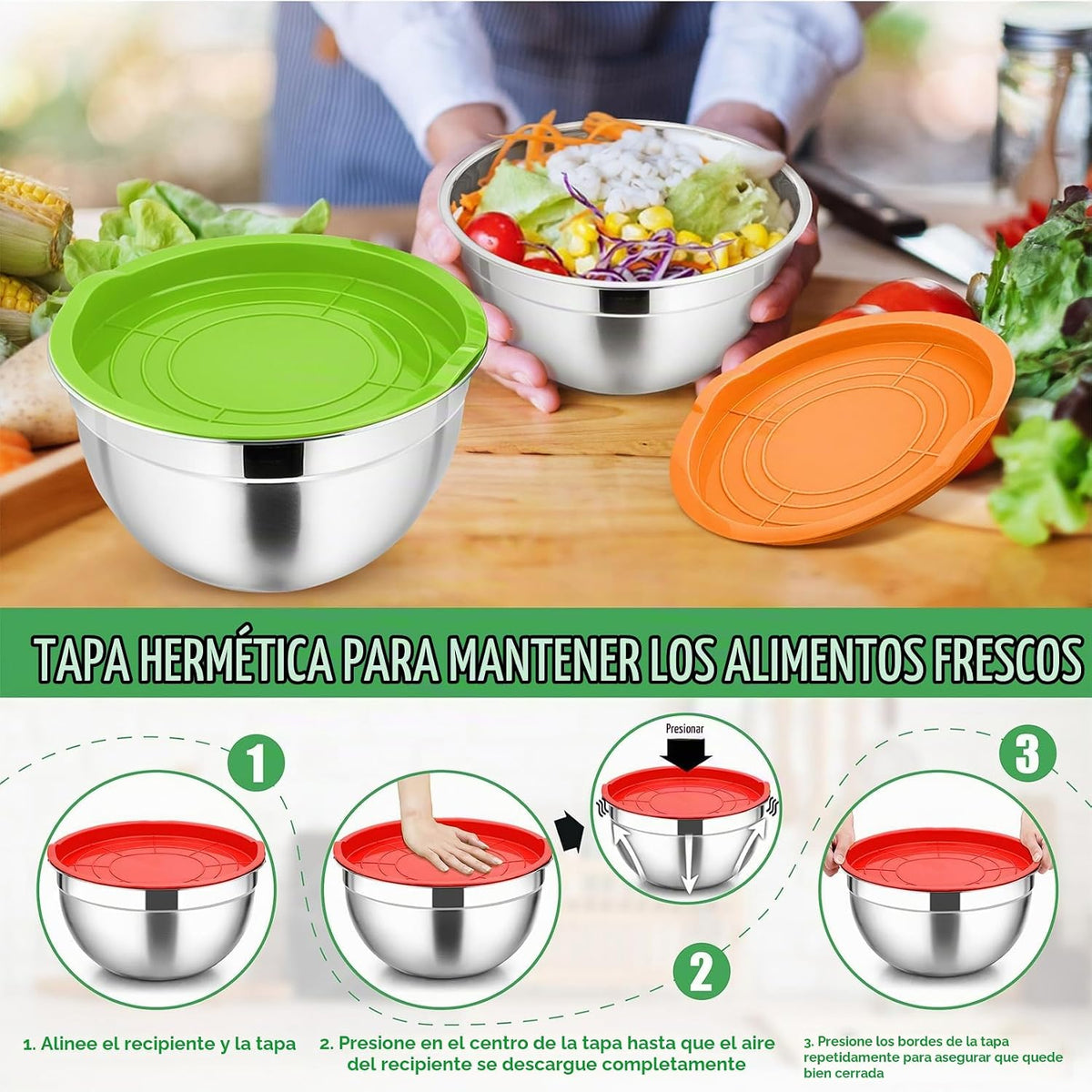 P&P CHEF Juego de tazones de metal con tapas, tapas herméticas y multicolor