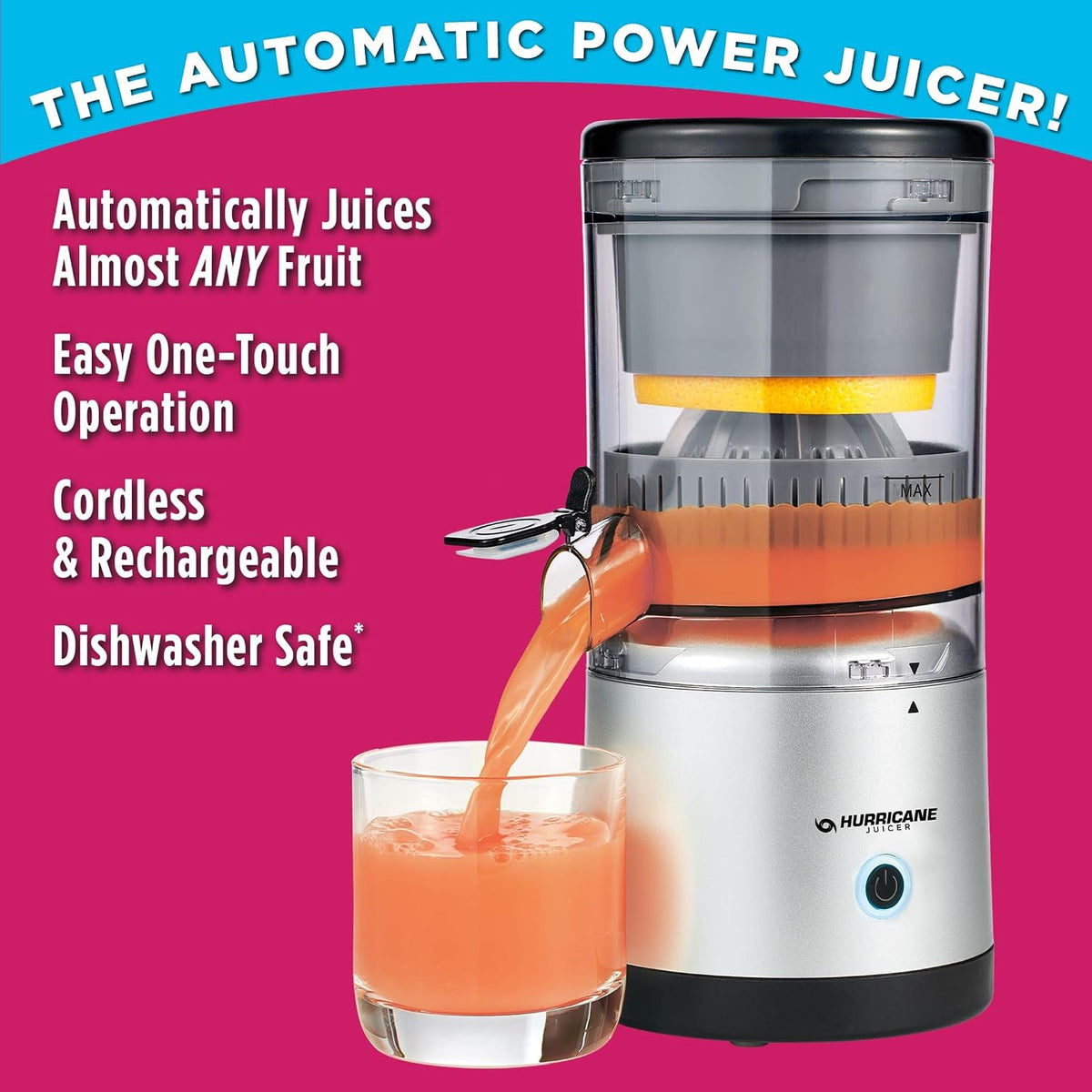 Hurricane Juicer, potente máquina extractor de jugo inalámbrico, exprimidor de frutas de diseño compacto con piezas aptas para lavavajillas, exprimidor eléctrico recargable de 500 RPM para naranjas