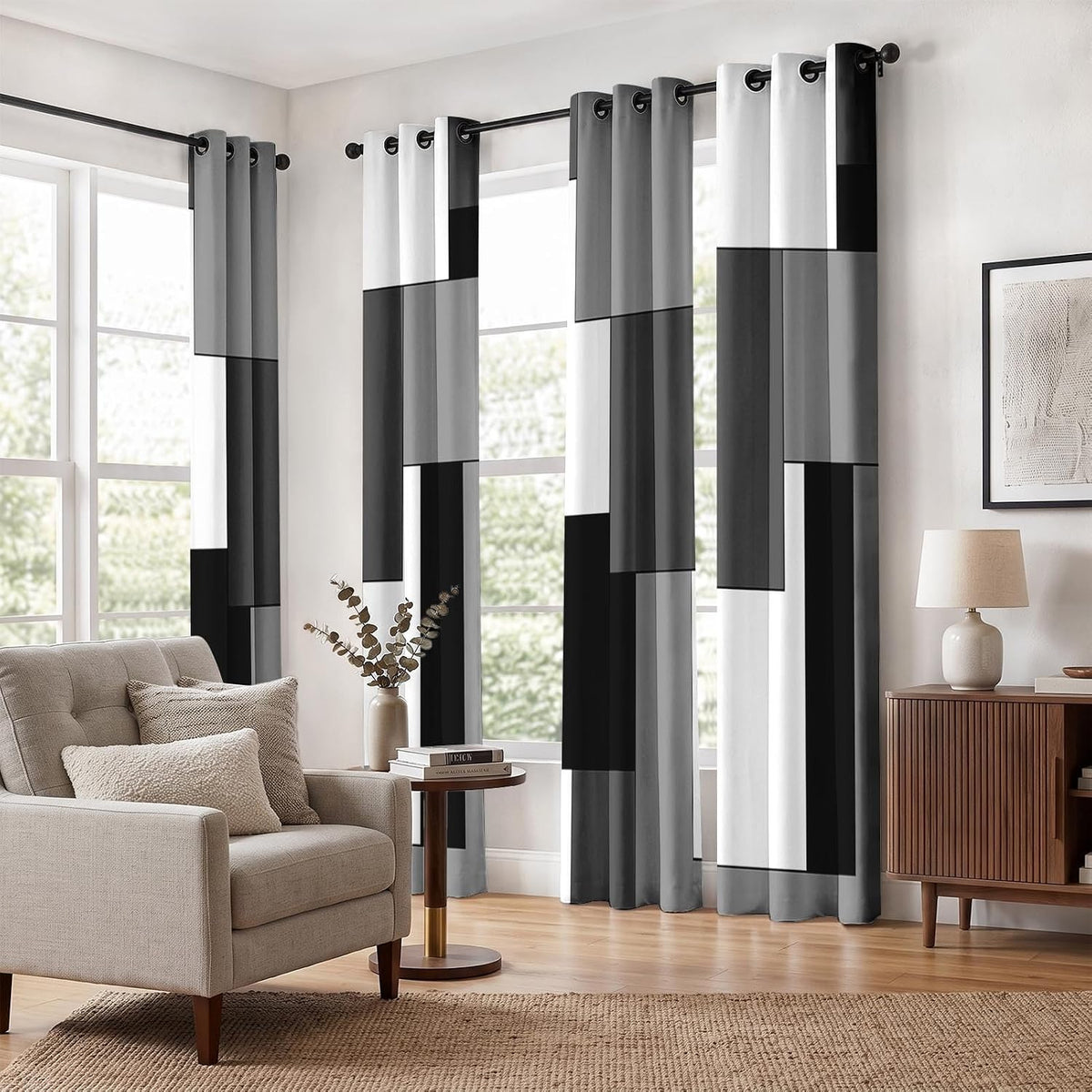 Cortinas opacas de 4 paneles, cortinas geométricas modernas para