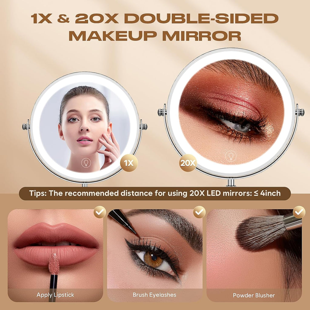Dienmern Espejo de maquillaje, espejo de tocador recargable 1X/20X con