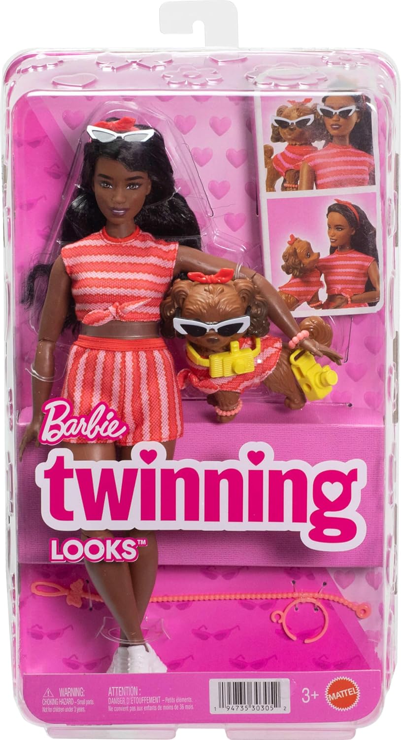Muñeca Barbie Twinning Looks con perro mascota en ropa a juego roja...
