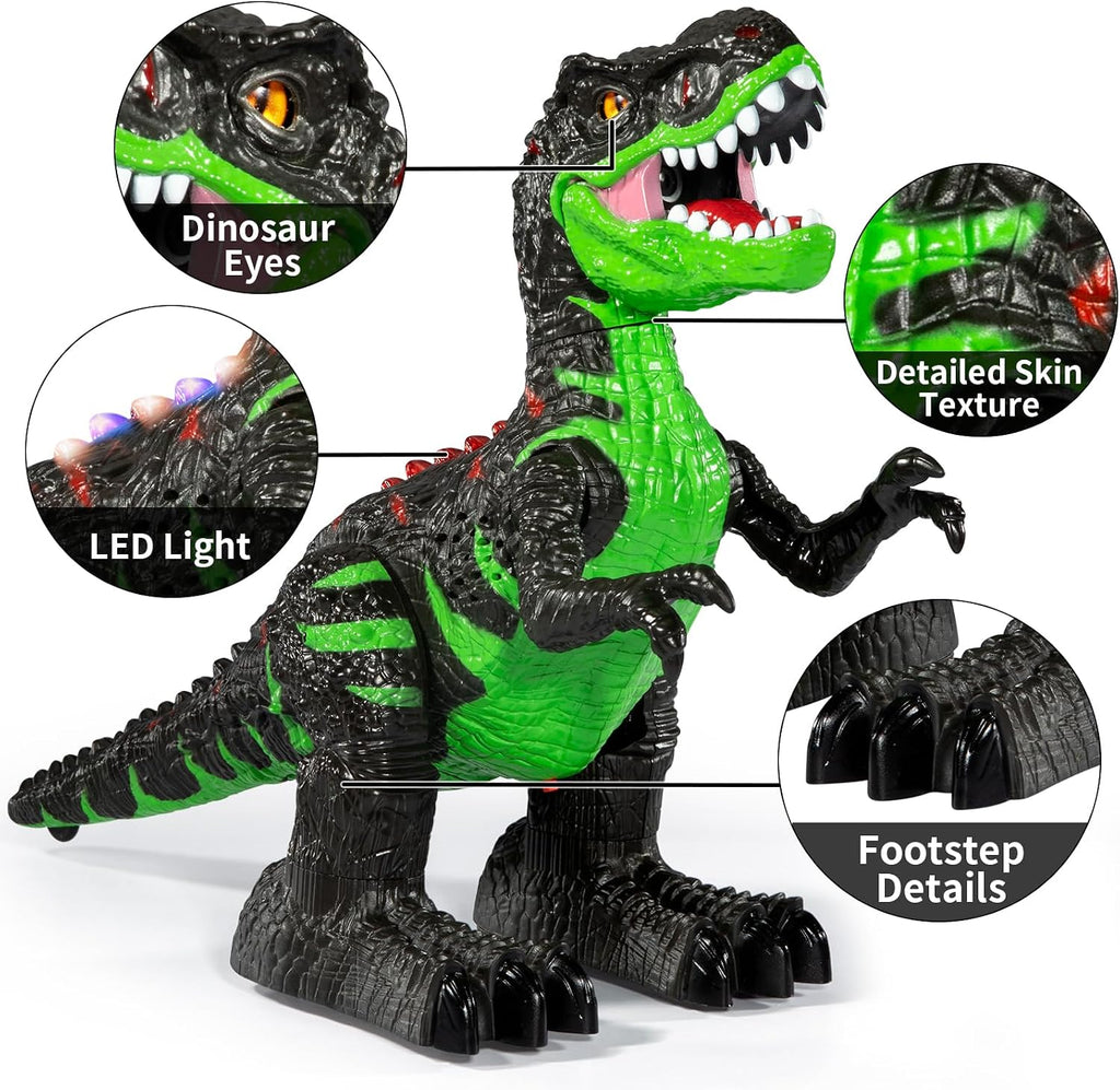 Juguete de dinosaurio a control remoto para niños de 3-5, 5-7 años, juguete robot de dinosaurio T-rex para caminar a control remoto con aerosol de niebla de agua, luces y sonidos, batería recargable